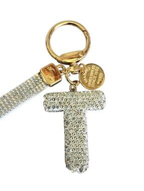 Initial Letter T Silver Glitter Handbag Bag Charm Keychain Ring Glam